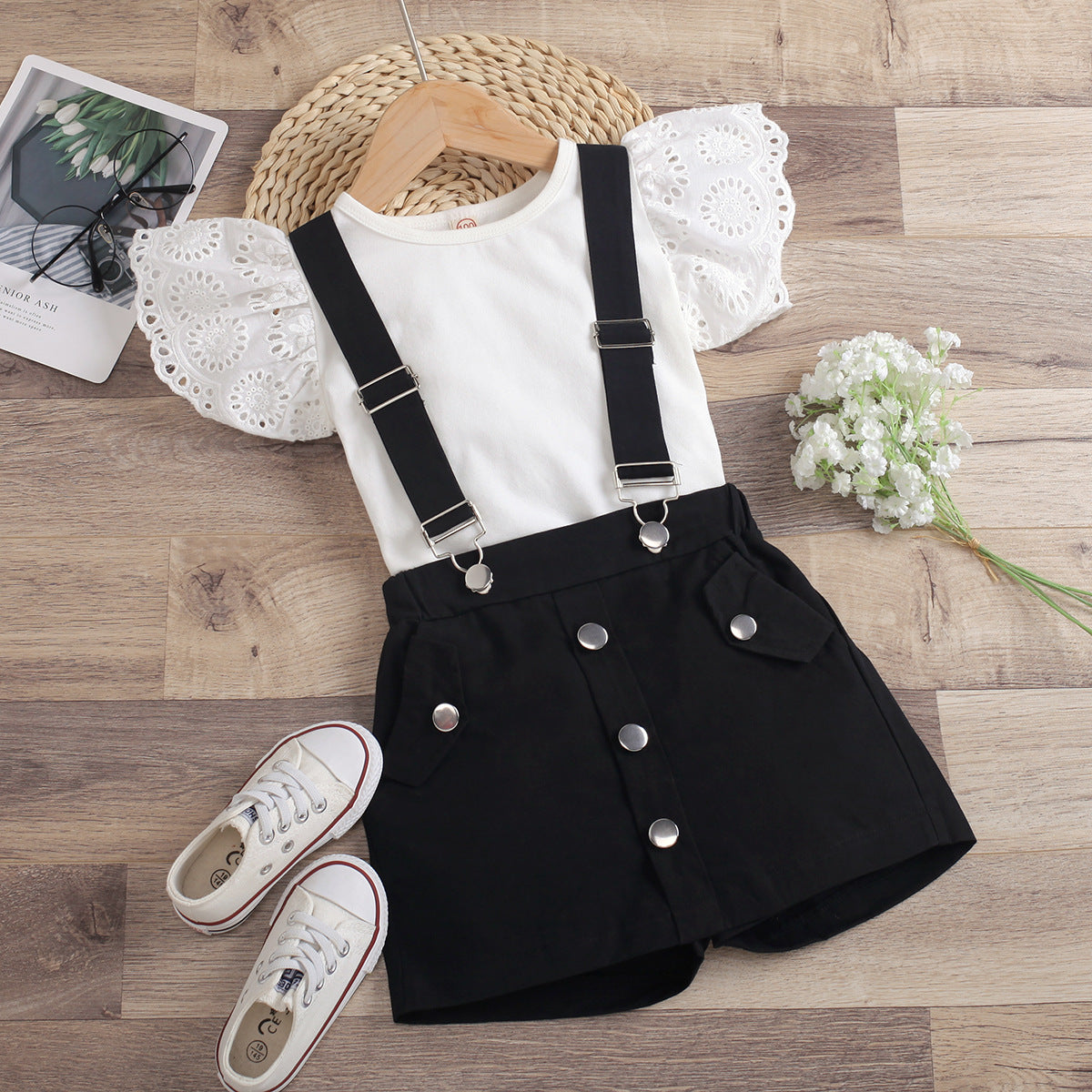 Wholesale Solid Color Hollow Flying Sleeves Round Neck Top with Detachable Strap Culottes Baby Clothes